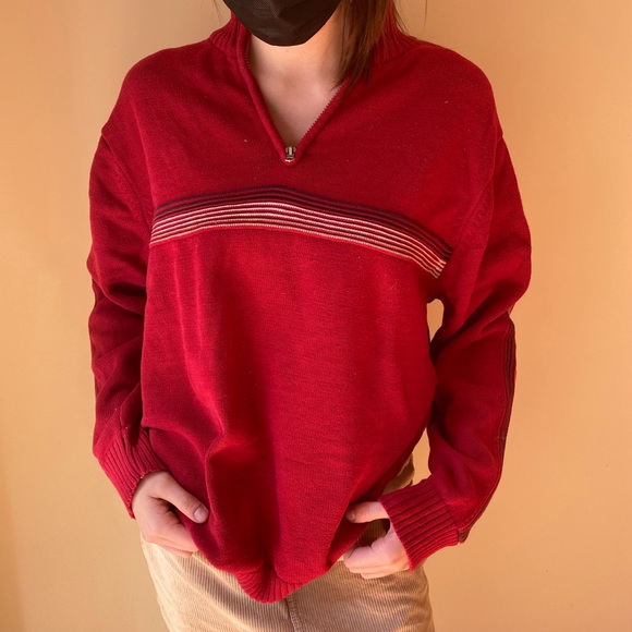 EMBROIDERED STRIPE KNIT QUARTER ZIP - Picture 1 of 5